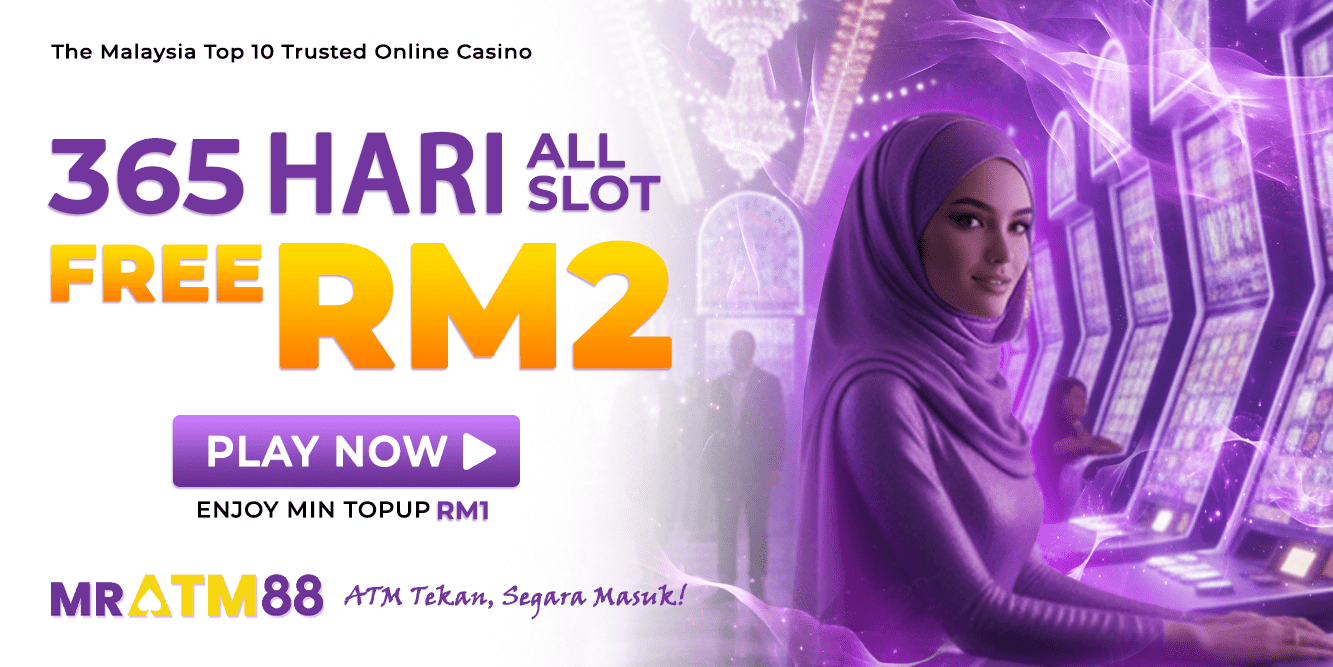 Daily reward banner advertising 365 days free RM2 credit across all MrATM88 slot games - mratm88web.my